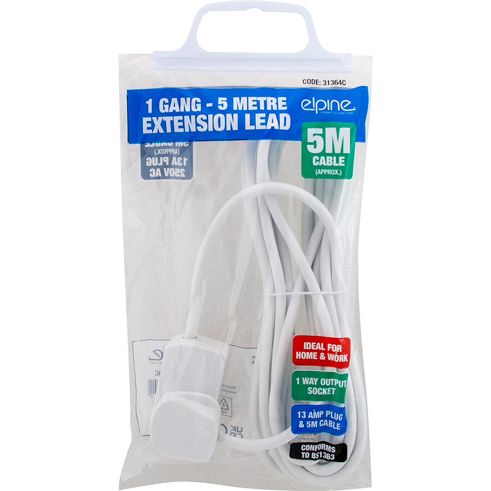 4 Gang 13A Power Extension Lead Strip 5m White, 240V Reels & Leads