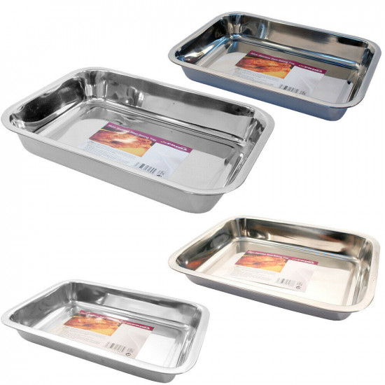 New Set Of 4 Stainless Steel Roasting Tray Oven Pan Dish Baking Roaster Grill Kitchenware, Bakeware image